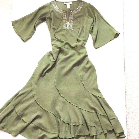 JUDITH HART Fit & Flare midi Skirt & Top Sequins Olive Coral Layered Bohemian - Picture 2 of 13